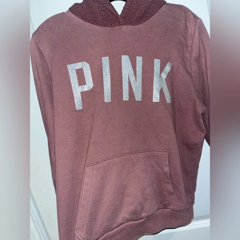 Victorias Secret Pink Medium Rose Pink Hoodie Sweatshirt Glitter Font Sherpa Top - Picture 4 of 16